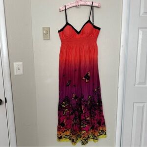 Vintage Y2K Neon Butterfly Maxi Dress Black Purple Coral Yellow Resortwear Art